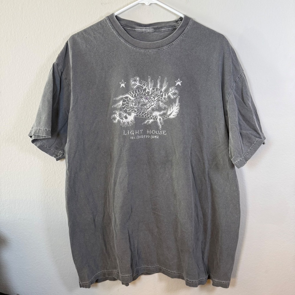 Light House Graphic T Shirt Dragon Print Short Sleeve Gray Mens XL